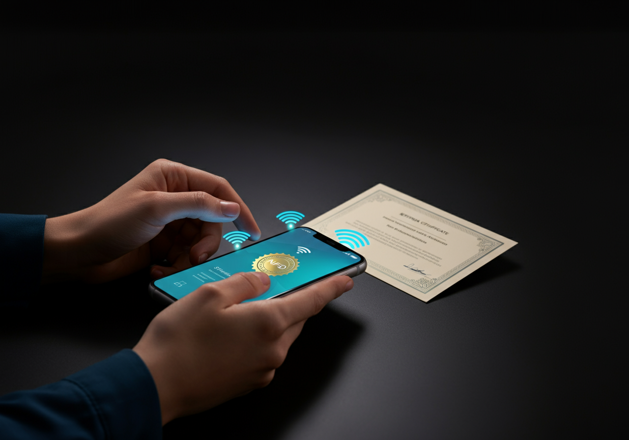 Mobile phone scanning NFC certificate